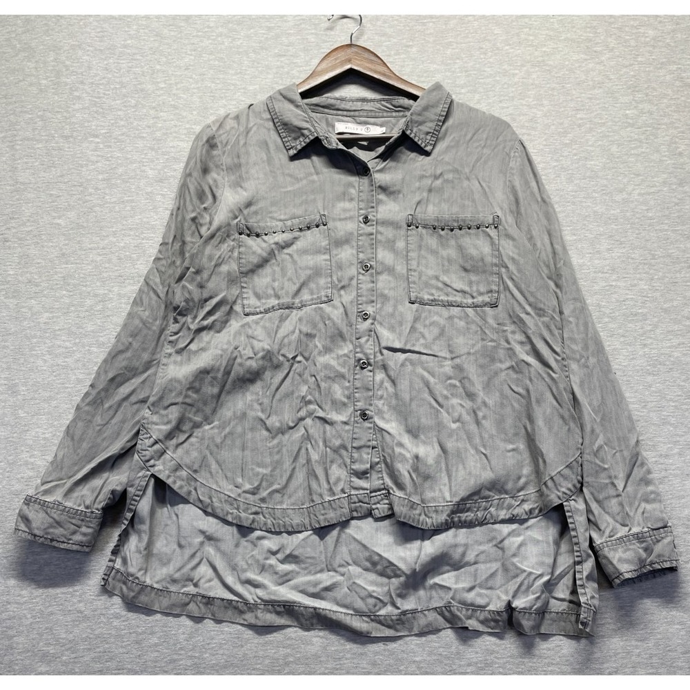 Billy T Button Up Shirt Womens Large Gray Studded Pockets Collared High Low Hem